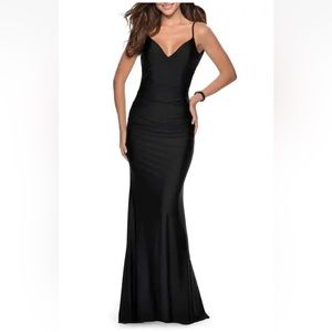 NWOT La Femme 28287 Open Back Jersey Trumpet Gown SZ 0 ($308) Black